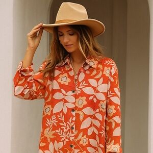 Spiegel 100% Linen Shirt Sz M Button Up Floral Long  Orange Boho Retro Western